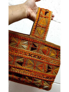 VTG 1970s Hippie Purse Orange Textile Burlap Handbag Mustard Woven Handmade Bag